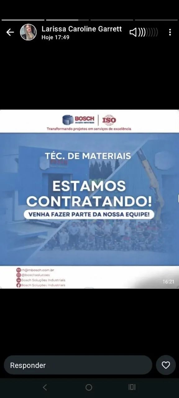  VAGA ABERTA  TÉCNICO DE MATERIAIS INDUSTRIAL