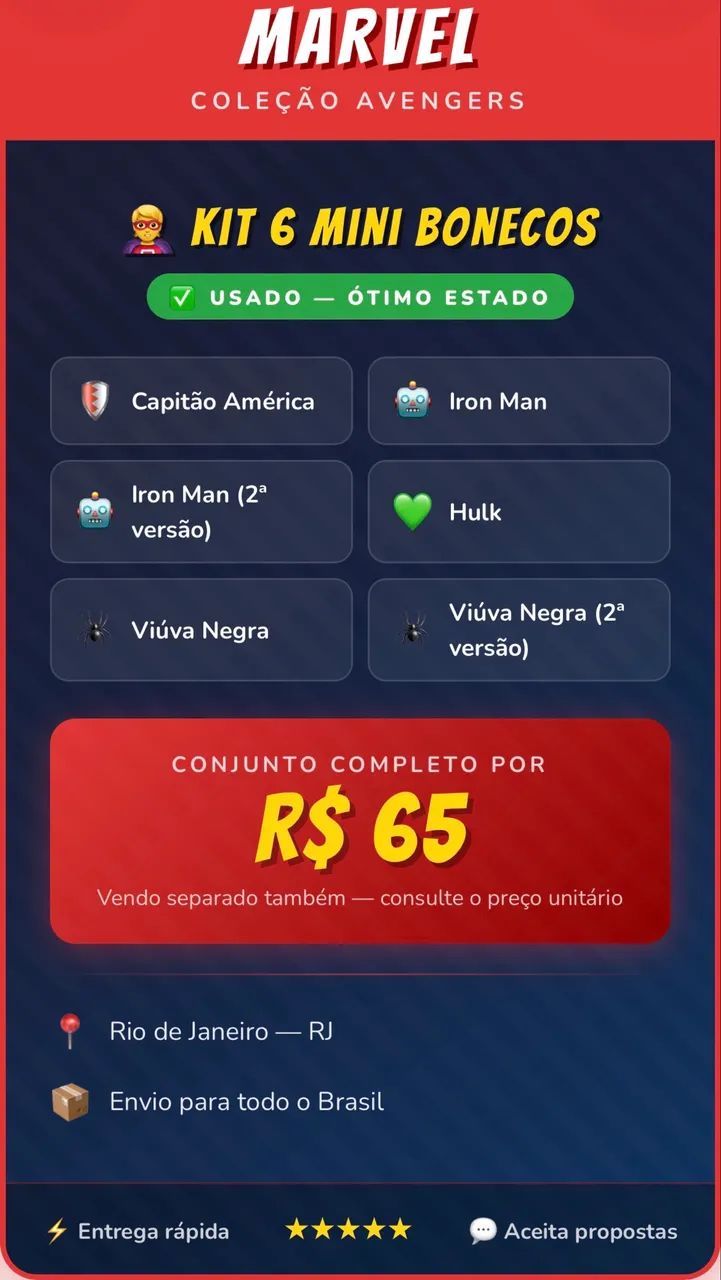 6 Mini Bonecos Marvel - Hulk, Iron Man , Viúva Negra, Capitão América, Homem de Ferro
