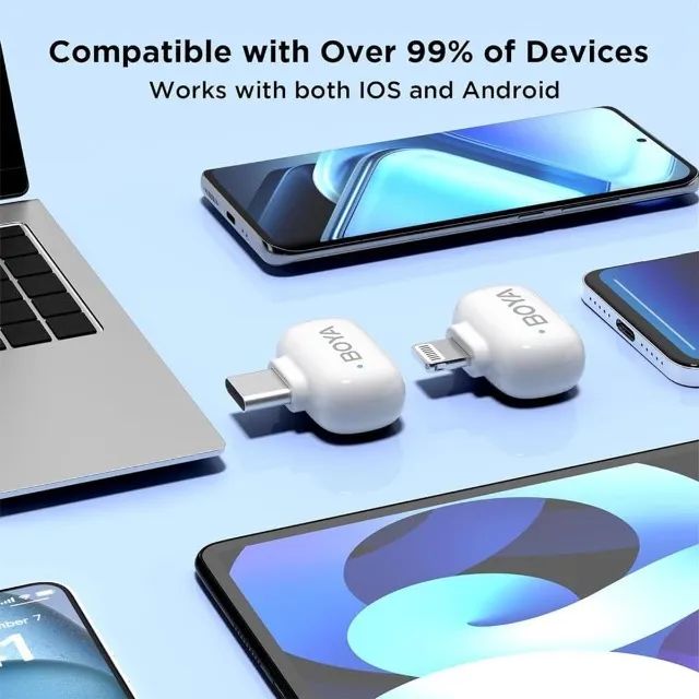 microfone lapela boya mini-13 sem fio branco android/ios, conector usb-c e lightning - Foto 3
