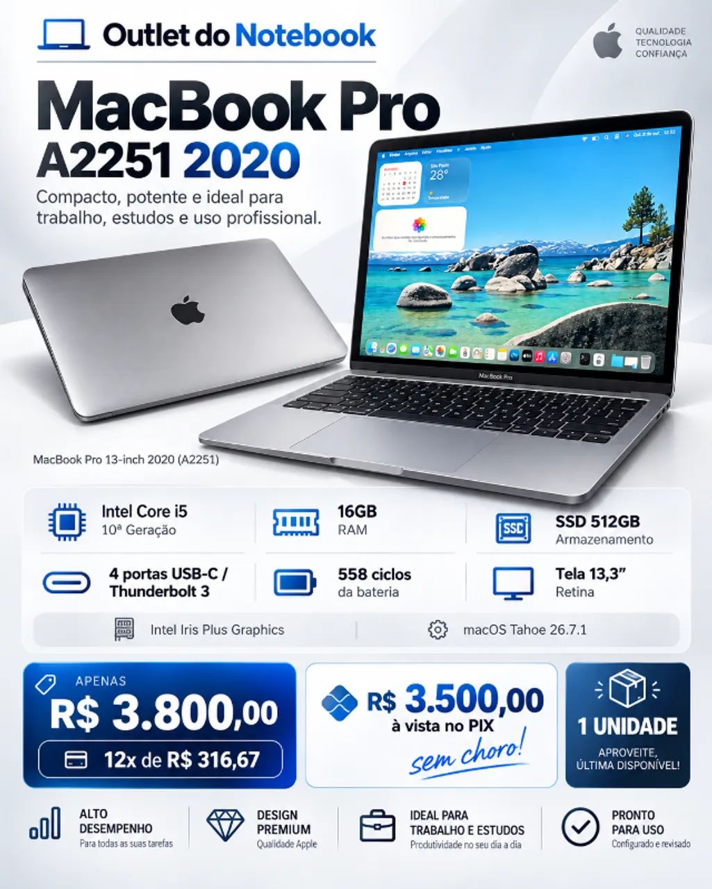 MacBook Pro 2020 i5 10ª 16GB 512GB SSD Retina 13,3