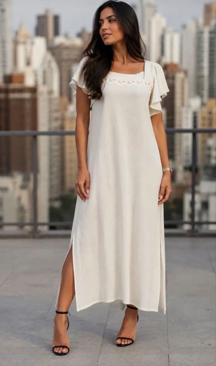 Vestido longo/midi offwhite com fendas nas pernas 