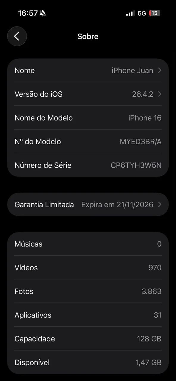 Iphone 16 128GB Bateria:97% com garantia até Novembro - Celulares
