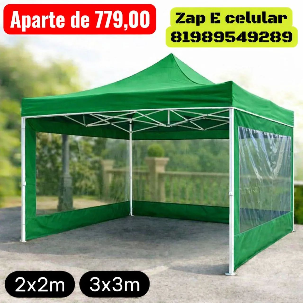 Tenda reforçada com as 3 laterais de cor verde 