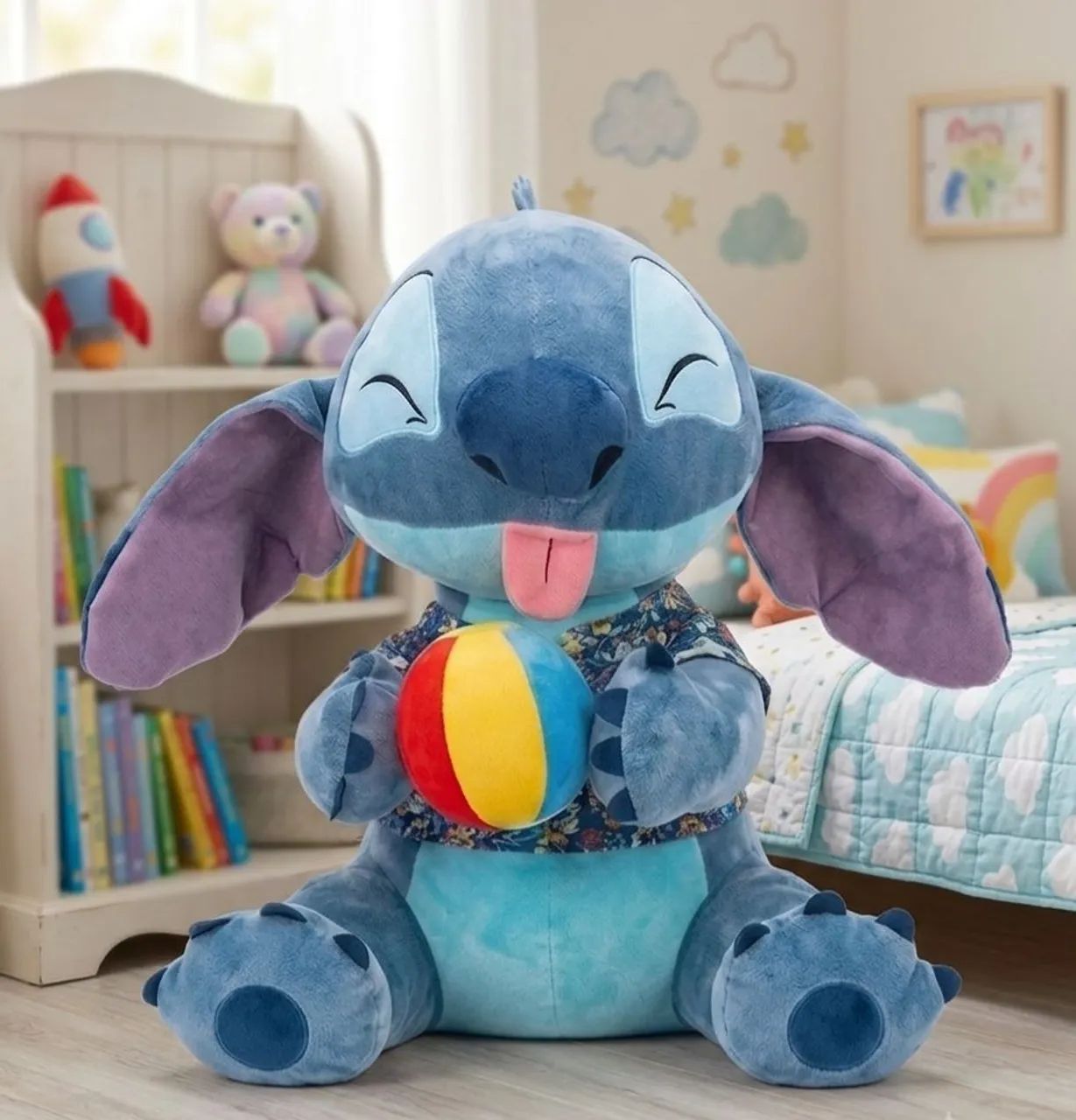 Boneco Pelúcia Stitch Disney Com Camisa E Bola Colorida 100cm - Foto 2