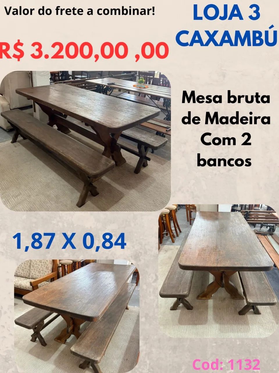 Mesa de Madeira Maciça com 2 bancos