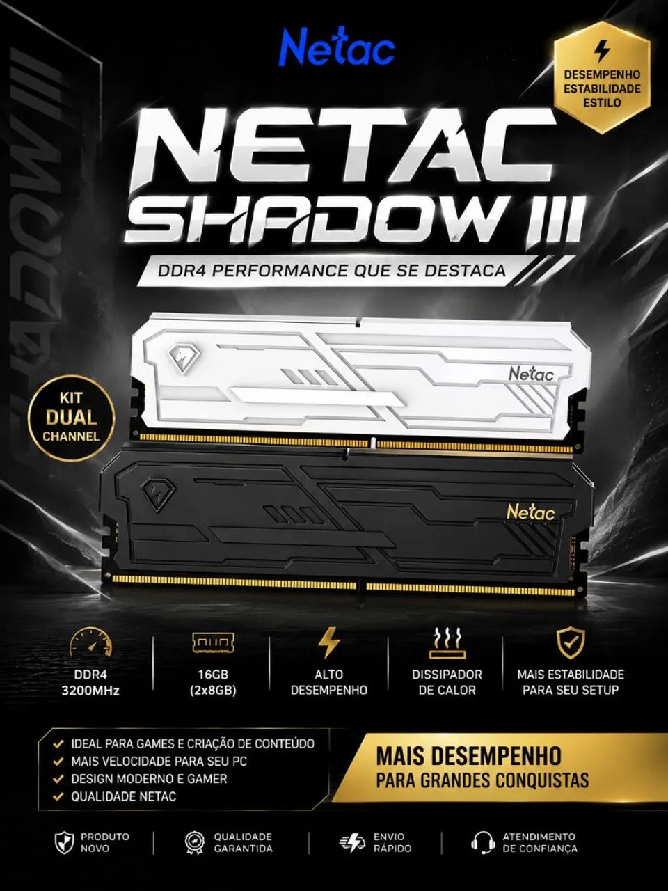 Memória RAM Netac Shadow III 16GB (2x8GB) DDR4 3200MHz<br>16GB (2x8GB) ? DDR4 ? 3200MHz