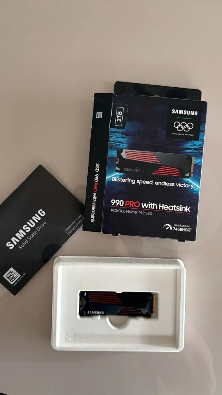 NVMe Samsung 990 PRO 2TB Heatsink M.2 2280 NVMe PCIe Gen4, até 7450MB/s leitura e 6900MB/s