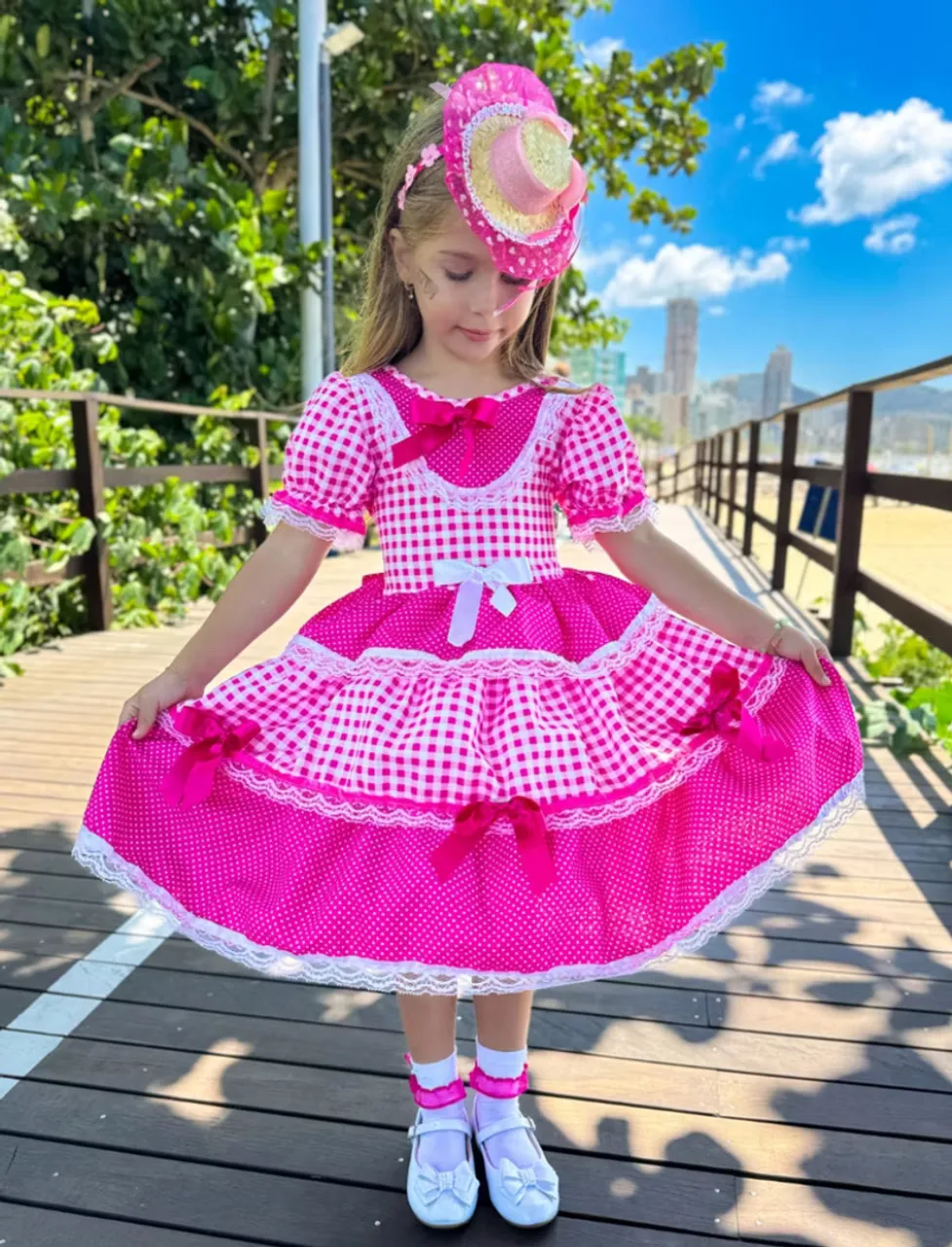 Vestido Infantil Festa Junina Rosa 4 anos.