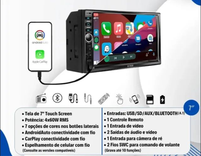 Central Multimidia MP5 2 Din 7" CarPlay Android Auto Espelhamento USB Bluetooth Camera ré - Foto 2