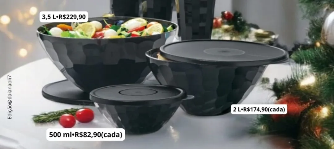 Tigelas Prisma Tupperware pretas com tampa
