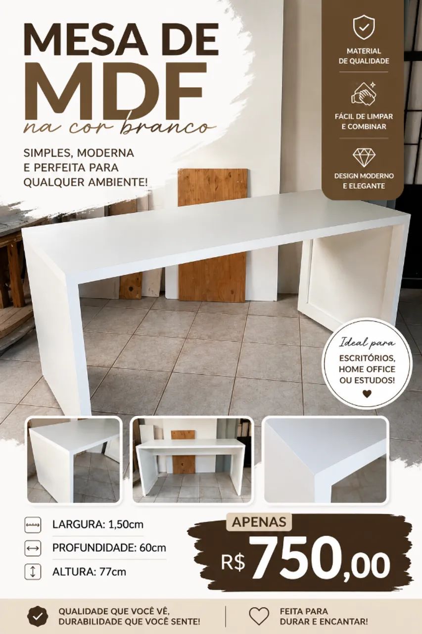 ? Mesa MDF Branca Moderna 1,50x60