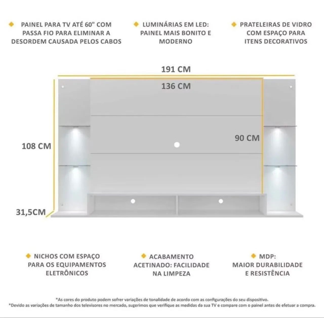 Painel de Tv até 60 polegadas com 4 LEDS e prateleiras de vidros. - Foto 2