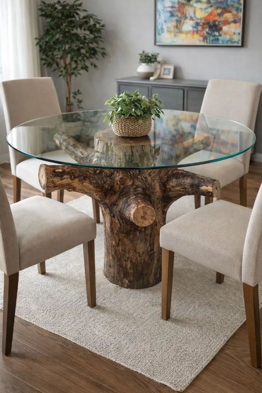 MESA DE JANTAR TRONCO MACIÇO + VIDRO (PROMOÇÃO)