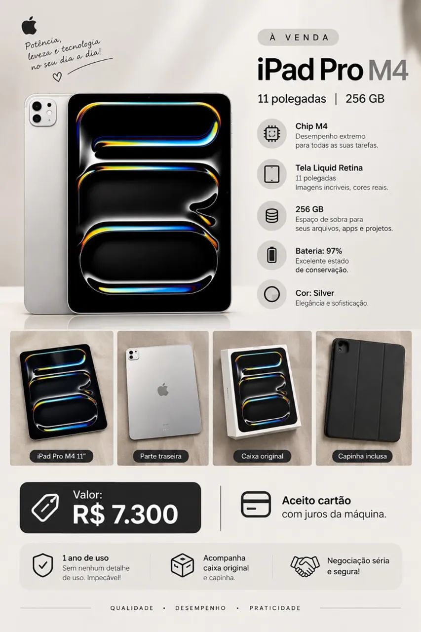 iPad Pro M4 11? 256GB Silver | Bateria 97% | Impecável