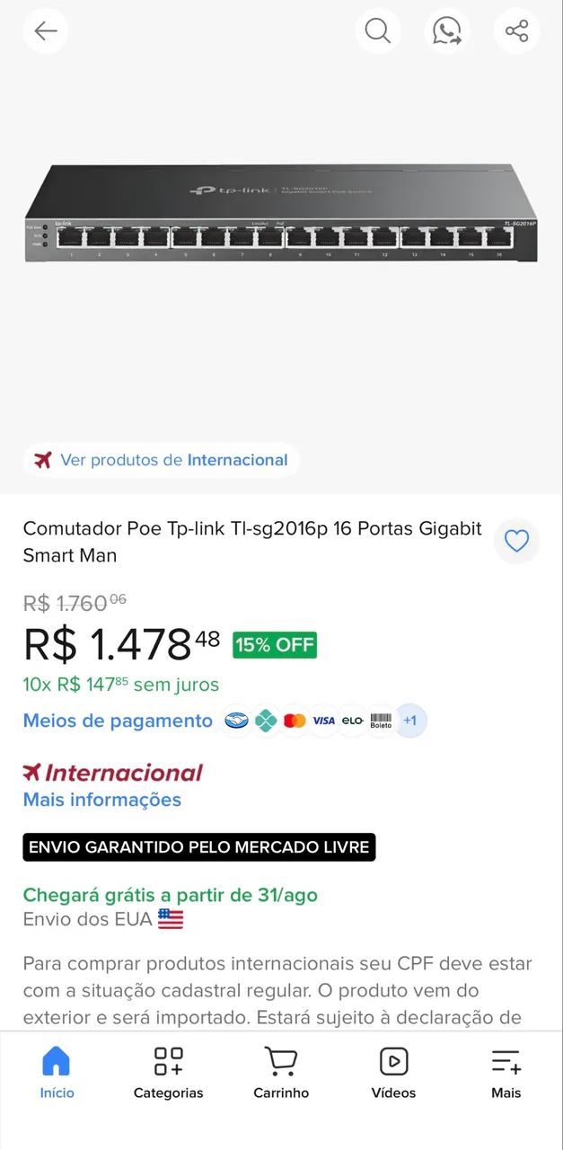 Switch Smart+PoE 16 - Portas Gigabit Tp-Link Omada