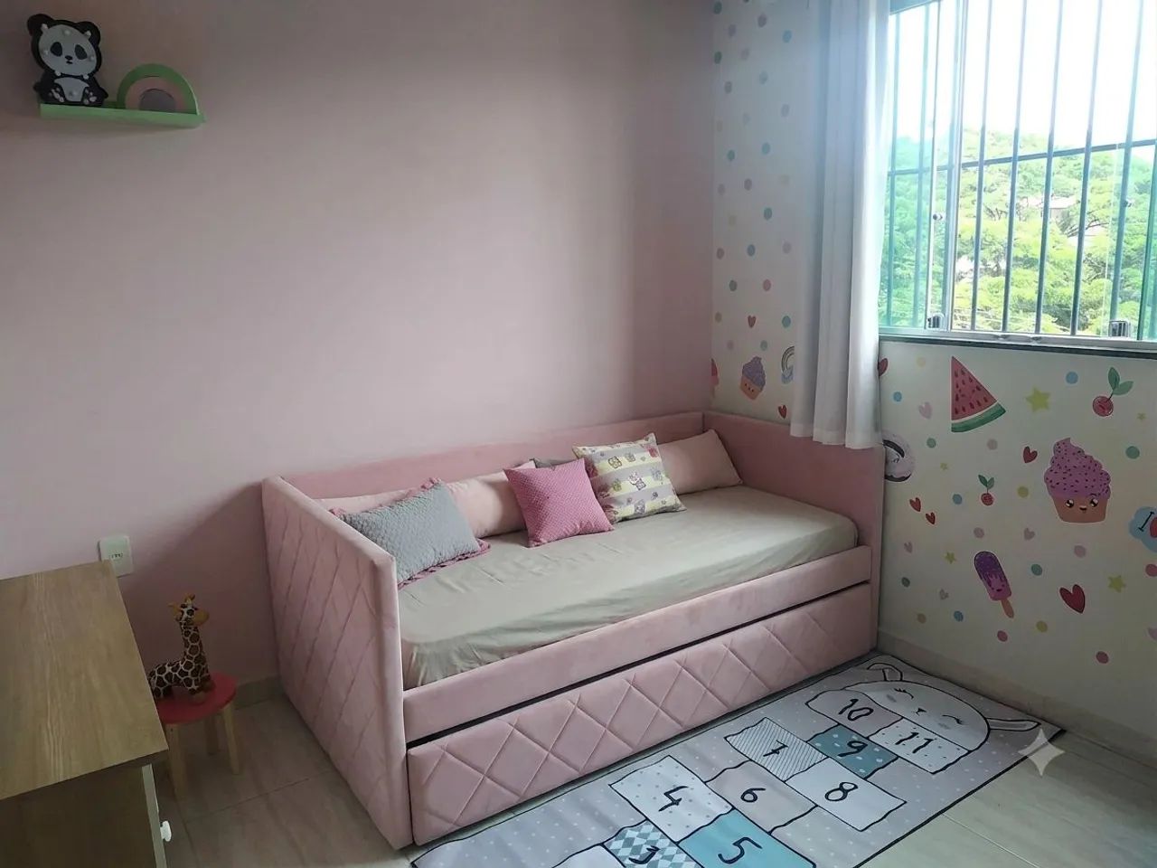 Bicama Sofá Infantil/Juvenil Estofada Rosa com Cama Auxiliar