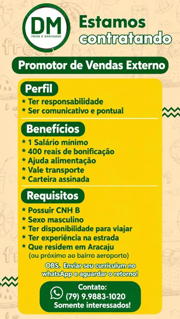 Vaga Promotor de vendas externo 
