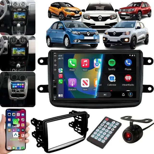 Kit Multimidia Carplay com fio 7 Polegadas Moldura Renault + Camera Cor Preto
