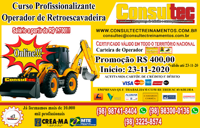 Curso de Operador de Retroescavadeira R$ 400,00 Inicio 23-11-2020