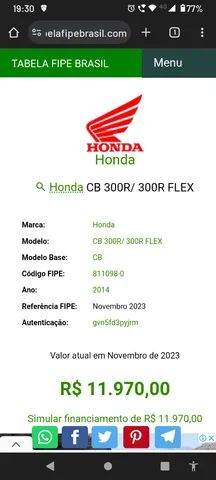 Tabela FIPE Código 811098-0 Honda CB 300R/ 300R FLEX