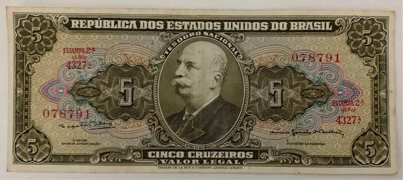CÉDULA DE CINCO CRUZEIROS - BARÃO DO RIO BRANCO