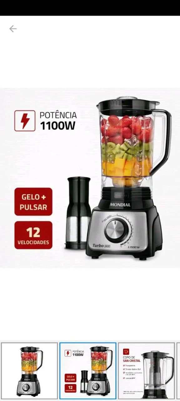 Liquidificador Mondial Turbo 1100W - Novo! - Foto 2
