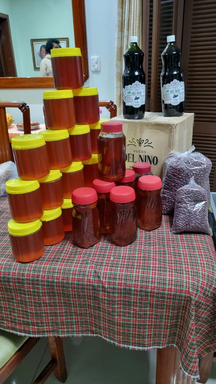 Produtos naturais: mel, suco e feijão