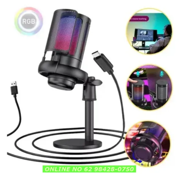 Microfone Gamer Condensador Profissional Led Rgb Alta Sensibilidade Preto