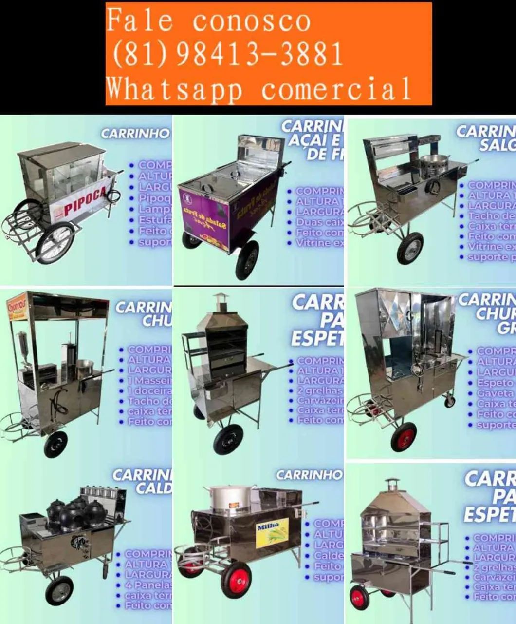 Carrinhos de lanches inox diversos modelos para vários segmentos em até 10x sem juros 