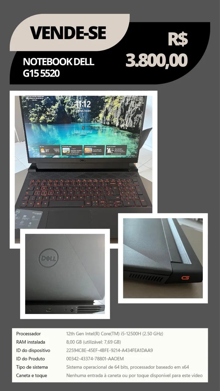 NOTEBOOK DELL G15 i5 2.5 Ghz COM PLACA DE VÍDEO 4 Gb