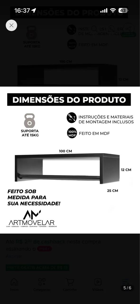 Cabideiro 1 metro 100%MDF