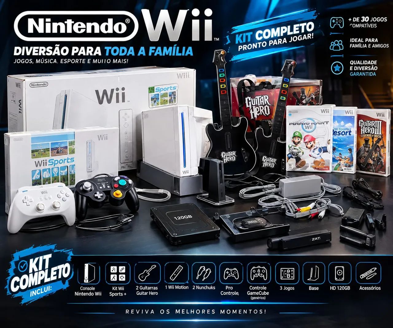 Nintendo Wii + kit completo + manuais + 1 wii motin + 2 nuchunck +