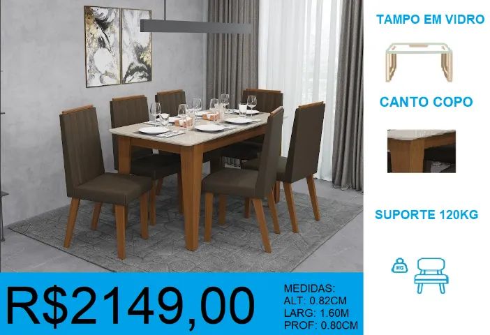 MESA- TAMPO EM VIDRO - 6 CADEIRAS - COMPRE HOJE E RECEBA EM ATÉ 72 HORAS 