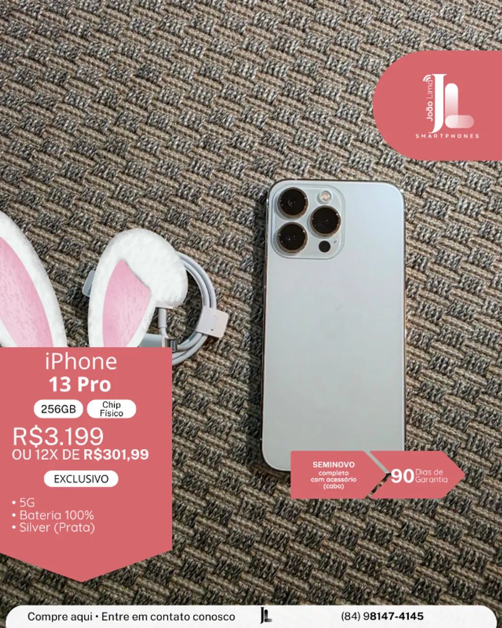 IPHONE 13 PRO, 256GB, CHIP FÍSICO, SILVER, BATERIA 100%, SEMINOVO