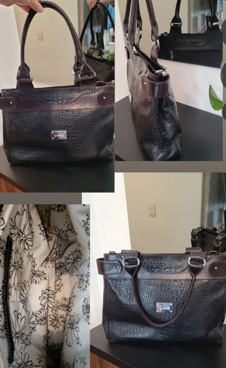 Bolsa tote grande, Grazielle, em couro legítimo, cor preta e marrom escuro.  - Foto 6