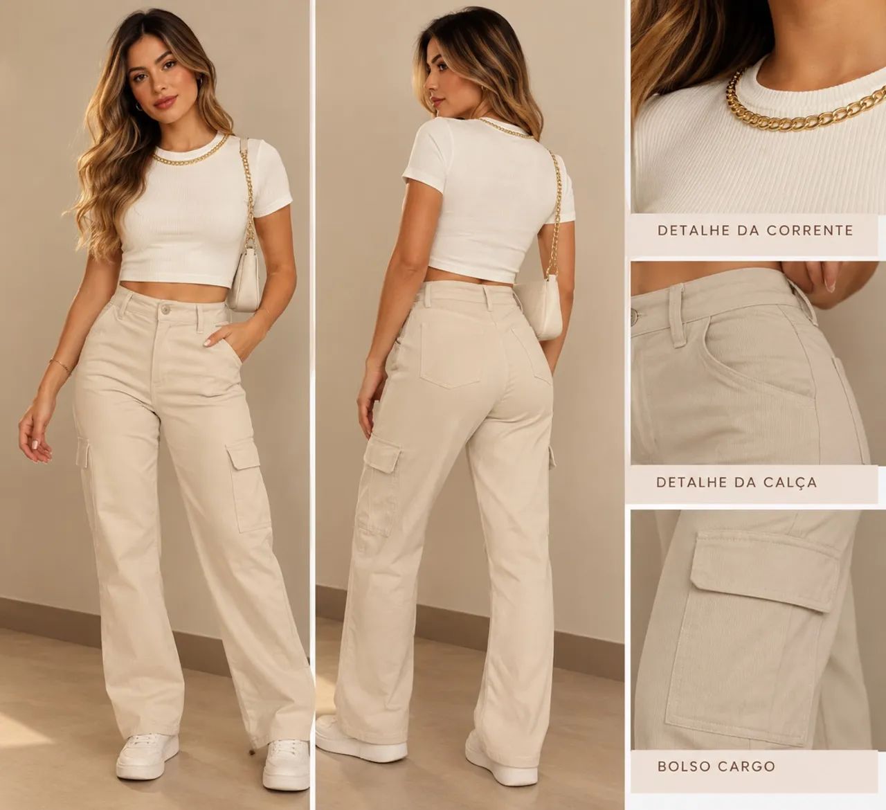 Cropped Branco + Calça Cargo Bege