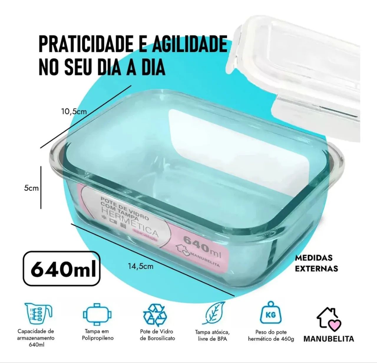 Conjunto 10 potes herméticos de vidro 640ml - Foto 2