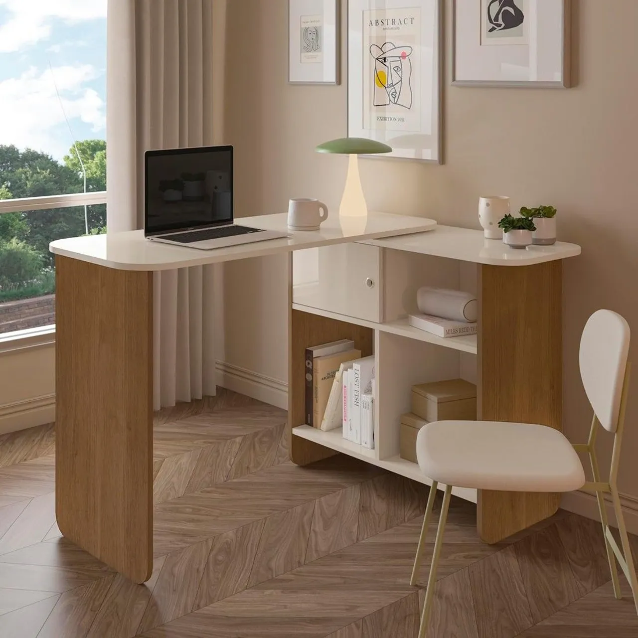 Escrivaninha com Estrutura flexível em L 4 Nichos, 1 Porta Nomad Cinamomo/Off White <br>