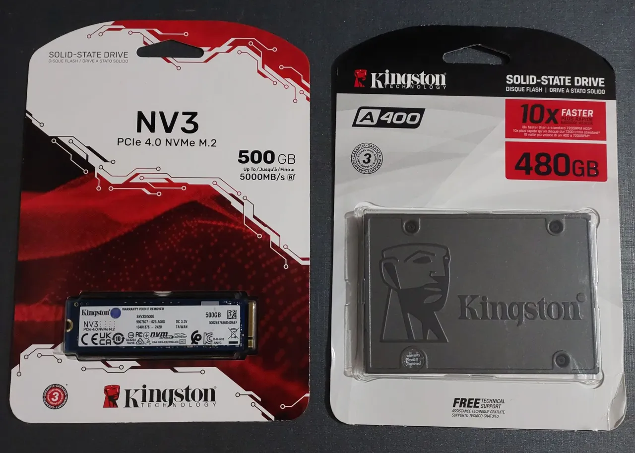 SSD Kingston NVME 500GB e um SSD Kingston 480GB