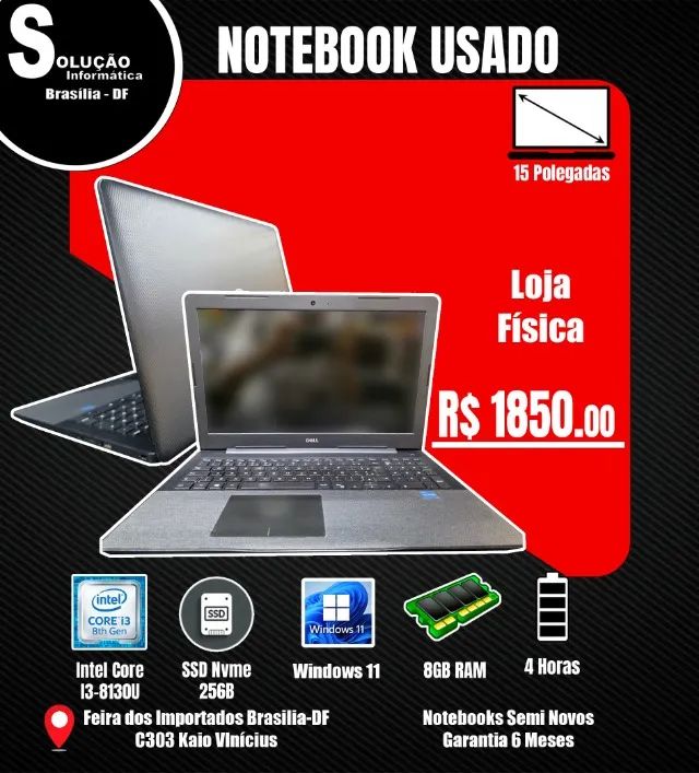 Notebook Dell Intel Core I3-8130U 8GB RAM SSD 256GB Windows 11 15* Polegadas