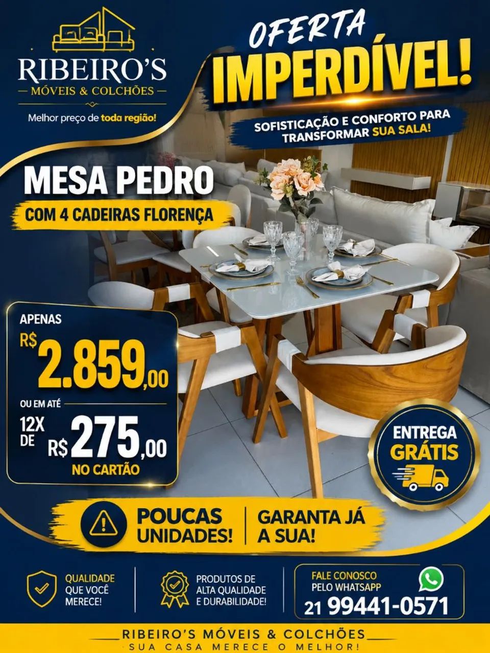 Mesa com 4 cadeiras em madeira maciça Premium 