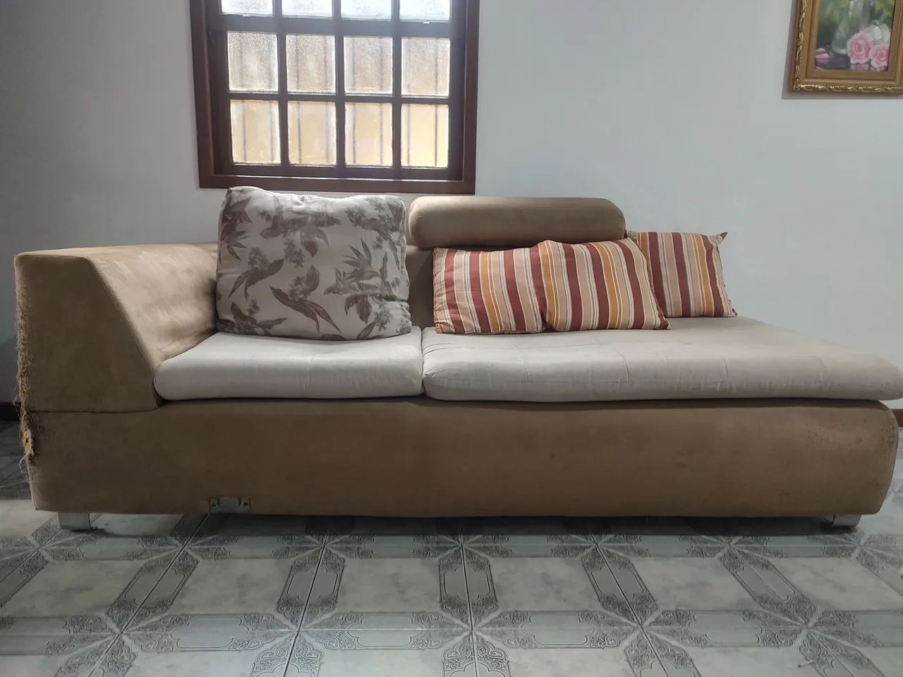 Sofá 2,20m de Canto/Chaise Bege suede + Almofadas