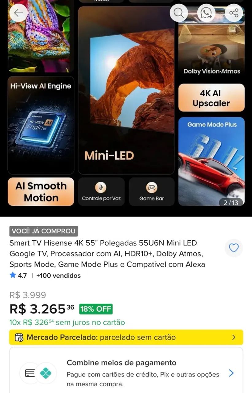 Smart Tv Hisense 4k 55 polegadas MINI LED - Foto 5
