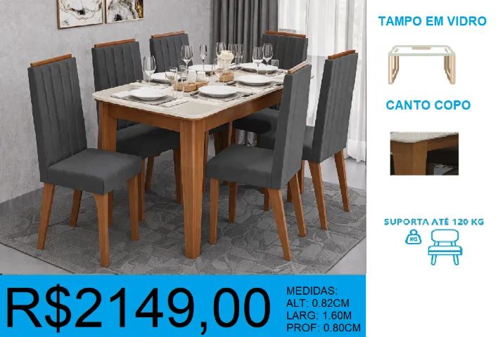 MESA- TAMPO EM VIDRO - 6 CADEIRAS - COMPRE HOJE E RECEBA EM ATÉ 72 HORAS  - Foto 2