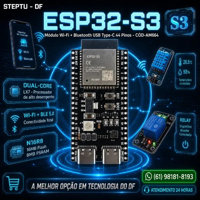 ESP32-S3 com módulo Wi-Fi e Bluetooth para Arduino IDE ESP32-S3-WROOM1 44 pinos COD-AM664 
