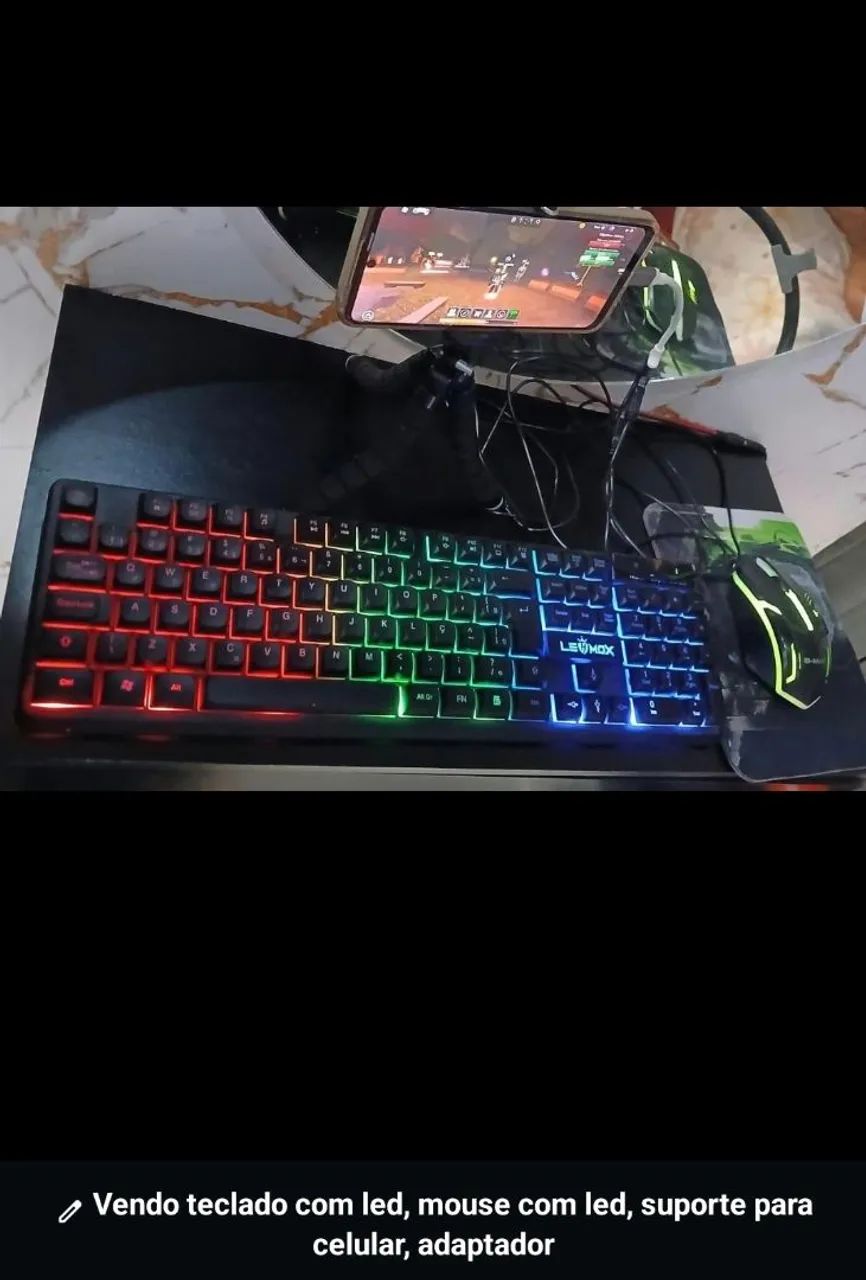 Vendo teclado com led, mouse com led, suporte para celular adaptador