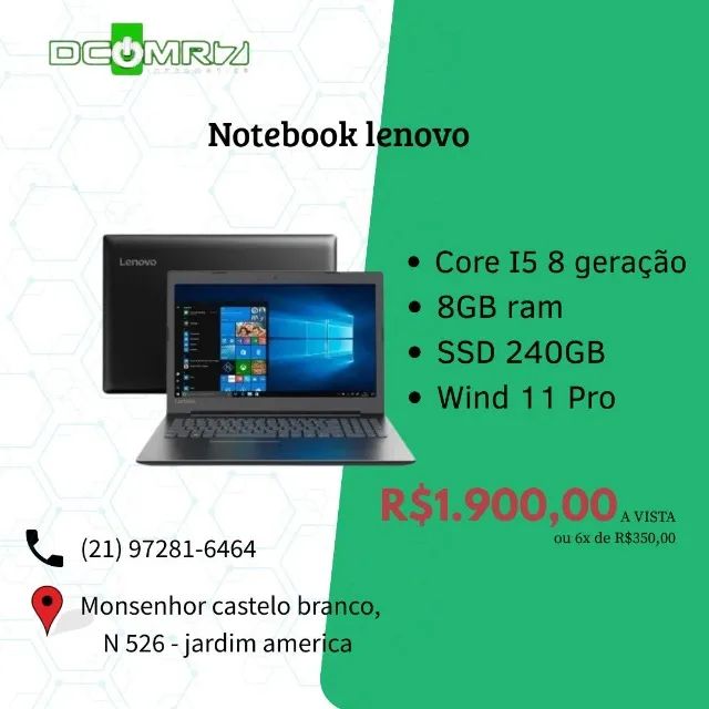 Notebook lenovo Core I5 8 geração - 8GB de RAM - SSD 240GB - tela