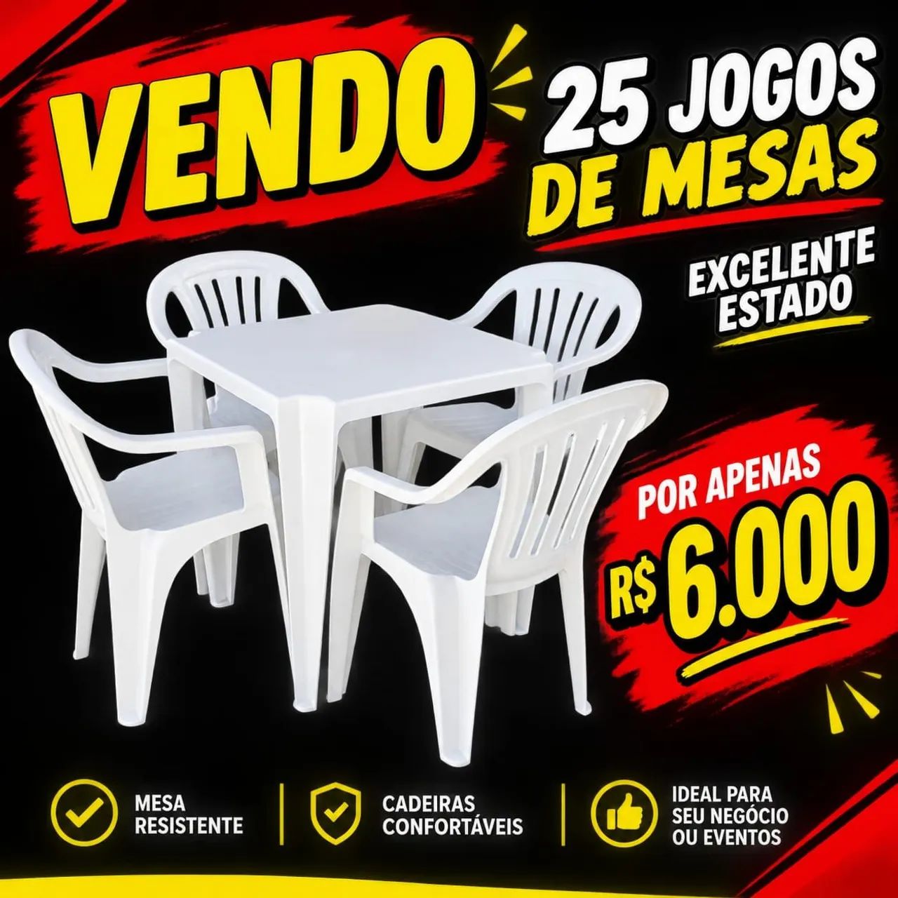 Vendo 25 jogos de mesa de plástico com cadeira com apoio de braço
