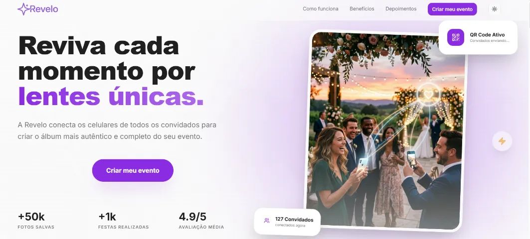 Álbum de Fotos Digital via QR Code para Eventos e Casamentos - Revelo