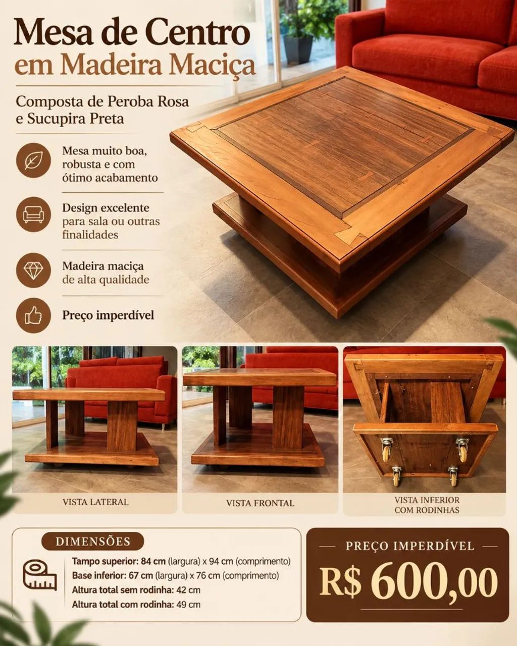Mesa de centro madeira maciça